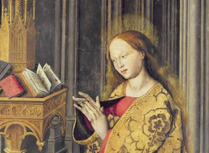 Jungfru Maria läser ur en bok med timmar, ca 1445 (detalj av 26541)