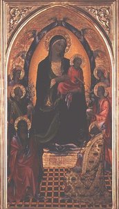 Madonna och barn med Johannes Döparen och Nikolaus av Myra (tempera på panel) av Master of the Bambino Vispo