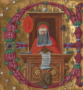 Initial E: Sankt Hieronymus i sitt arbetsrum av Master of the Birago Hours