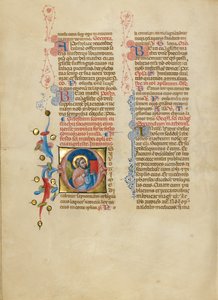 Initial O: Matteus ängel håller upp sitt evangelium av Master of the Brussels Initials