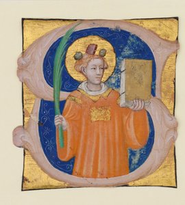 Manuskriptbelysning med Saint Stephen i ett initialt S, från ett antifonarium, italiensk, ca. 1410-2