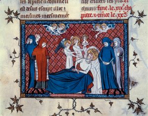 Saint Louis död i Tunis den 25 augusti 1270. miniatyr från manuskriptet "Life and Miracles of Saint Louis"" (sida 277), upplyst av Mahiet och skriven av William av Saint-Pathus av Master of the Cambrai Missal Mahiet