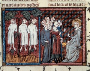 Avrättningar beordrade av Enguerrand IV de Coucy. Ludvig IX ger rättvisa. Miniatyr av Mahiet i "" Life and miracles of Saint Louis""", manuskript av Guillaume De Saint Pathus av Master of the Cambrai Missal Mahiet
