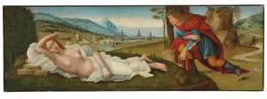 Cymon och Iphigenia (tempera på panelen) av Master of the Campana Cassoni