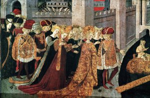 Decameron de Boccaccio (Jean Boccaccio): Chatelain Pericone välkomnar Alatiel, dotter till sultanen av Babylon Beminedab och hennes svit på ön Mallorca (Pericone da Visalgo välkomnar Alatiel dotter till Beminedab, Sultanen av Babylon, på hej av Master of the Cassoni