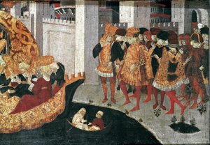 Decameron de Boccaccio (Jean Boccaccio): Chatelain Pericone välkomnar Alatiel, dotter till sultanen av Babylon Beminedab och hennes svit på ön Mallorca (Pericone da Visalgo välkomnar Alatiel dotter till Beminedab, Sultanen av Babylon, på hej av Master of the Cassoni