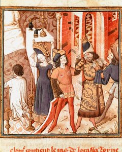Legenden om Jocaste, drottningen av Thebe. Oidipus, blind, efter att ha insett att döda sin egen far Miniatyr av mästaren av damernas mästare (1400-talet) från manuskriptet "" Des hommes illustres"" av Giovanni Boccaccio (Jean Boccaccio) (1313-1375). 15 av Master of the Champion des Dames