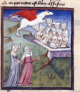 Harl 4431 fol.183 Nio muser som badar, från de samlade verken av Christine de Pisan
