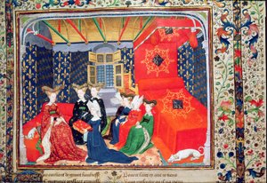 Harl 4431 fol.3 Christine de Pisan presenterar sin bok för drottning Isabella av Bayern, från Christine de Pisans dikter, c.1410-15 (vellum)