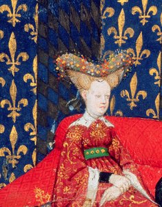 Harl 4431 fol.3 Isabeau av Bayern, Frankrikes drottning (1371-1435), från dikterna av Christine de Pisan, c.1410-15 (vellum) (detalj av 53284)
