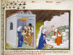 Harley 4431, f.290, Detalj av en miniatyr av Christine före personifieringarna av Reason, Rectitude and Justice och Christine with Reason bygger Cité des Dames (vellum)