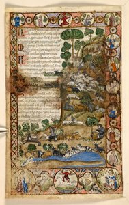 Lägg till. 28841, f.1v: Geometriska helsideskanter av romboider, rundlar och quatrefoils bebodda av djur och figurativa scener: Herdar som vakar över får och getter och slåss mot vargar, en röd djävul som står till häst i gränsen, från en godbit