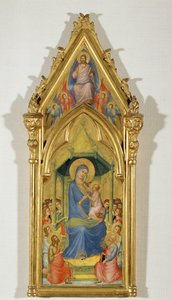 Madonna på tron mellan två änglar, Johannes Döparen och Petrus (målning på trä) av Master of the Codex of Saint George