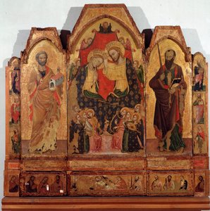 Triptyk om jungfruns kröning med helgonen Peter och Paul Målning av mästaren i Polittico di Corleone av Master of the Corleone Polyptic