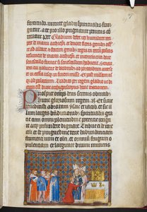 Cotton Tiberius B. VIII f.49r Kungen erbjuder svärdet på altaret, illustration från 