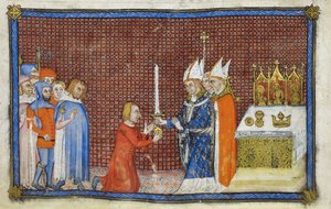 Cotton Tiberius B. VIII f.49v Ärkebiskopen av Reims återlämnar svärdet till kungen, illustration från 