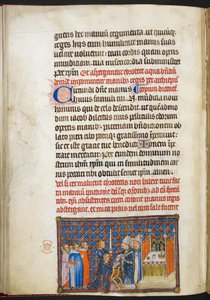 Cotton Tiberius B. VIII f.56v, Ärkebiskopen av Reims lägger handskarna på kungens händer, från 