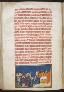 Cotton Tiberius B. VIII f.65v Kung Karl V knäböjer när ärkebiskopen av Reims placerar nattvardsbrickan i hans mun, illustration från 