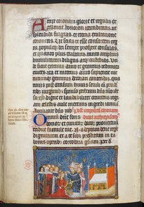 Cotton Tiberius B. VIII f.69v Ärkebiskopen av Reims placerar kronan på drottningens huvud och baronerna upprätthåller hennes krona, illustration från 
