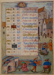 Lägg till. 18852, f.2 Kalendersida för januari, illustration från "Hours of Joanna of Castile" av Master of the David Scenes