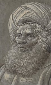 Huvudet på en skäggig man som bär en turban recto, latinsk skrift tergo, ca. 1510. av Master of the Death of Absalom