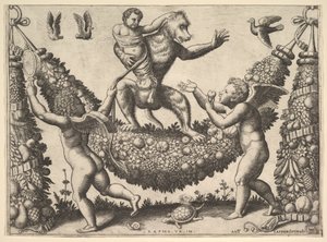 En apa som håller en bunden putto stående på en krans framför vilken två bevingade p..., 1530-60. av Master of the Die