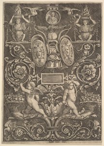 En prydnadspanel, putti stående på ymnighetshorn i nedre delen, 1530-60. av Master of the Die