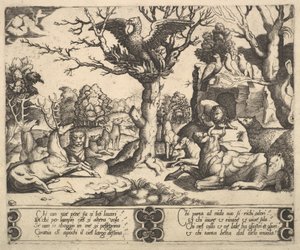 En Fenix satt på toppen av ett träd, vingarna öppna, ett sortiment av djur nedanför, 1530-60.