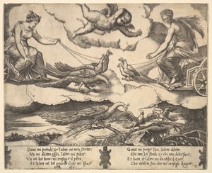 Allegori om äktenskap och kärlek, Juno i en vagn dragen av påfåglar till vänster, Venus i en ..., 1530-60.
