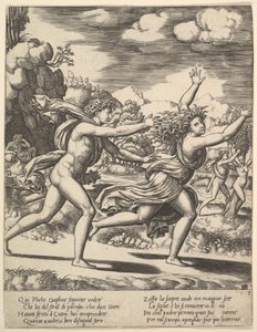Apollo jagar Daphne som slår upp armarna, i bakgrunden till höger visar mamman..., 1530-60.