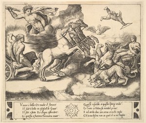 Apollon i sin hästdragna vagn till vänster, ovanför honom ovanför Jupiter slungar ett åska..., 1530-60.