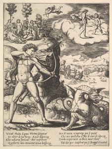 Apollon står till vänster och skjuter en pytonslang med en pil, ovanför till vänster finns musan..., 1530-60.