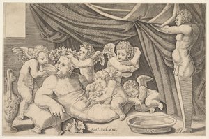 Bacchus omgiven av Putti, en staty av Priapus till höger, 1530-60.