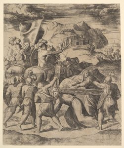 Kristus bär korset omgiven av soldater, flera till häst, 1530-60. av Master of the Die