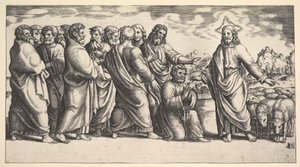 Kristus står till vänster och indikerar för en flock får, framför honom knäböjer St. Peter hol..., 1530-60. av Master of the Die