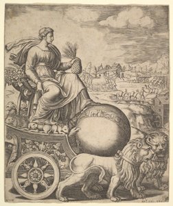 Cybele i sin vagn dragen av två lejon, 1530-60.