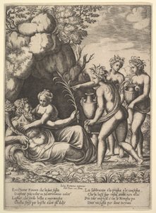 Daphne omfamnar sin far, flodguden Peneus, till vänster kommer tre nymfer med burkar ..., 1530-60.
