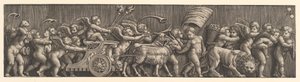 Frisarrangemang som skildrar kärlekens triumf, Amor i en vagn ledd av getter, man..., 1530-60. av Master of the Die