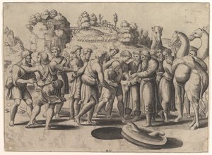 Joseph i mitten säljs av sina bröder som står ovanför en brunn, kameler till höger, 1533. av Master of the Die