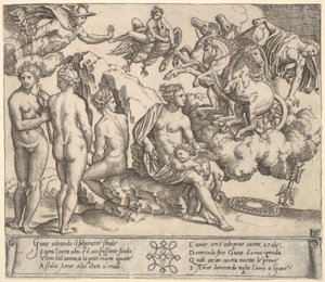 Jupiter tumlar från en häst och vagn till höger, Ganymedes i form av en örn..., 1530-60. av Master of the Die
