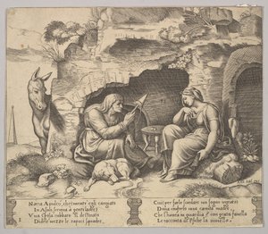 Plåt 1: Apuleius förvandlades till en åsna som lyssnade på historien berättad av den gamla kvinnan sp..., 1520-70. av Master of the Die