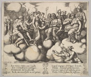 Platta 30: Venus och Amor vädjar om sin sak i närvaro av Jupiter och andra gudar..., 1530-60. av Master of the Die