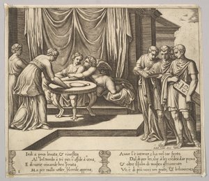 Tavla 8: Psyche sittande vid ett bord och deltog av osynliga tjänare, Eros bredvid g..., 1530-60. av Master of the Die