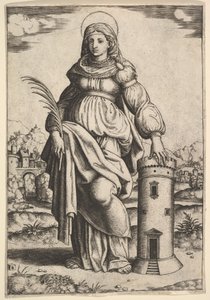 Saint Barbara stående, handflatan i höger hand, vilande sin vänstra hand på ett torn, 1530-60.