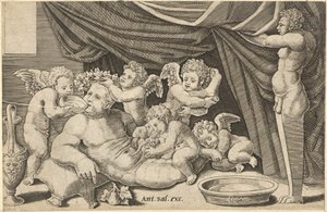 Mirror of Roman Magnificence: Bacchus Omgiven av Putti med Priapus som håller ..., 1500-talet. av Master of the Die