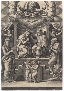 Jungfruns kröning, nere till vänster står Johannes Döparen, nere till höger ..., 1530-60. av Master of the Die