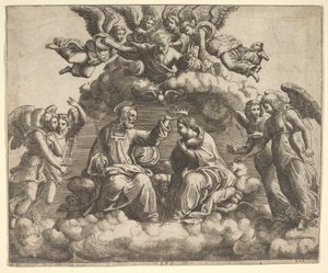 Jungfruns kröning, Kristus håller kronan över sitt huvud, Gud Fadern välsigne..., 1532. av Master of the Die