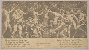 Offret till Priapus som är i form av en staty i mitten, Bacchus och en sa..., 1530-60.