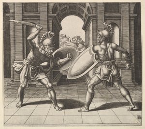 Två gladiatorer slåss framför en båge, 1530-60. av Master of the Die