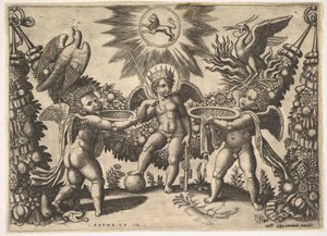 Två putti presenterar bägare fulla av guld till en putto i skepnad av rikedomens gud..., ca. 1530-40. av Master of the Die